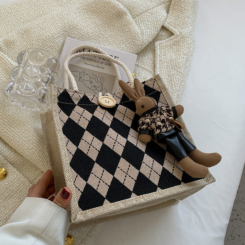 Damen Jute-Umhängetasche mit stilvollem Rautenmuster Nord Taschen