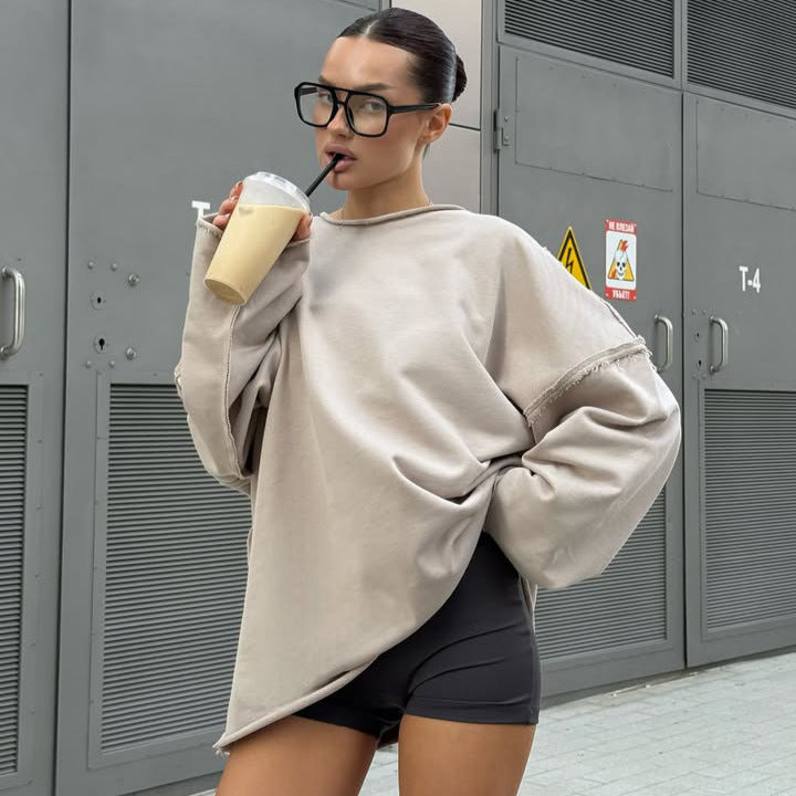 Damen ultraweites Relax-Sweatshirt mit ausgefransten Nähten und asymmetrischem Saum Nord Taschen