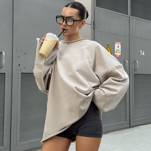 Damen ultraweites Relax-Sweatshirt mit ausgefransten Nähten und asymmetrischem Saum Nord Taschen