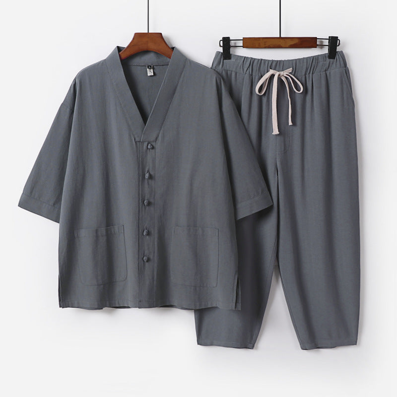 Unisex Leichtes Kimono-Lounge-Set aus Baumwoll-Leinen mit Kurzarmjacke und Kordelbund-Hose Nord Taschen