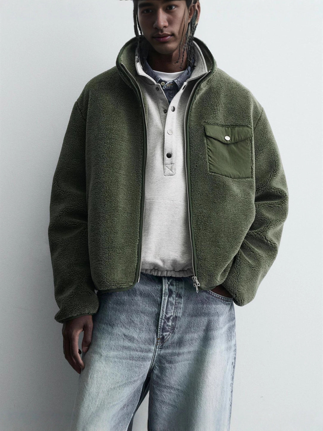 Herren Fleece‑Blouson mit Stehkragen, Zwei‑Wege‑Reißverschluss und Pattentasche Nord Taschen