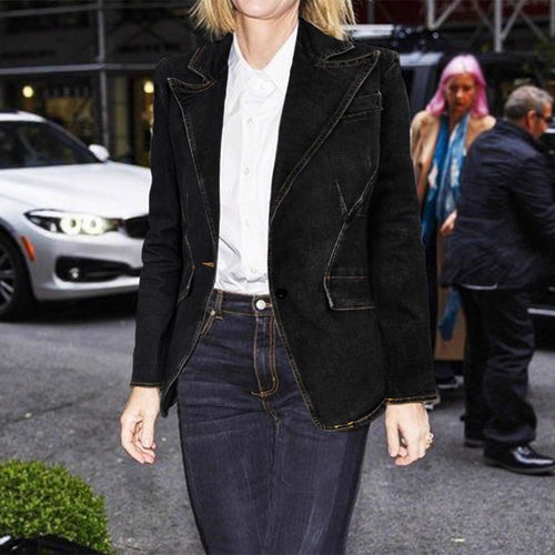 Damen taillierter Denim-Blazer mit Ziernähten und Pattentaschen Nord Taschen