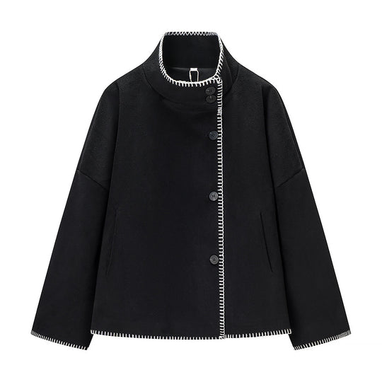 Damen Kurzer Wollcape-Mantel mit Stehkragen, Kontrastnaht und Druckknopfverschluss Nord Taschen