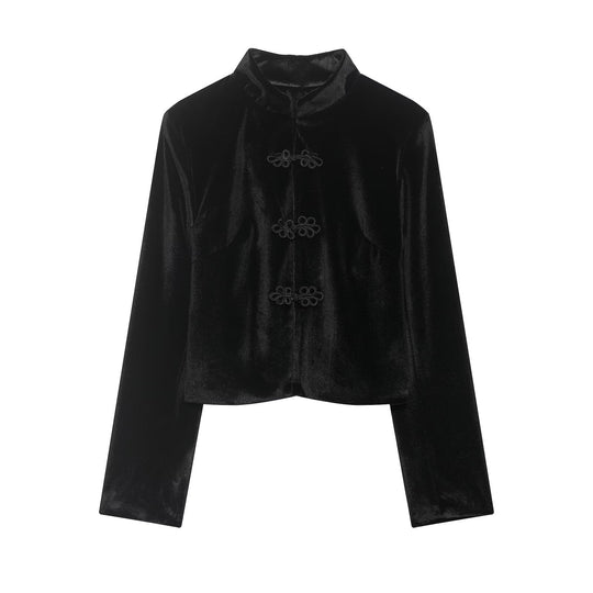 Damen Kurze Blazerjacke mit Stehkragen und Knotenverschlüssen Nord Taschen