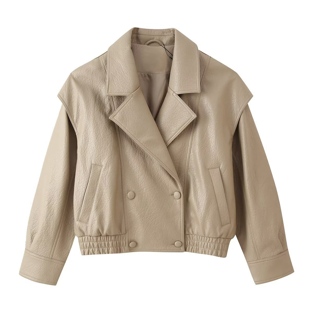 Damen Cropped Lederoptik‑Blouson mit Doppelreihe, elastischem Saum und Oversize‑Revers Nord Taschen