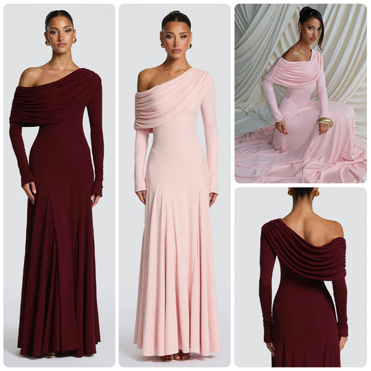 Damen Elegantes Langarm-Maxikleid mit asymmetrischem Drapierungsdetail