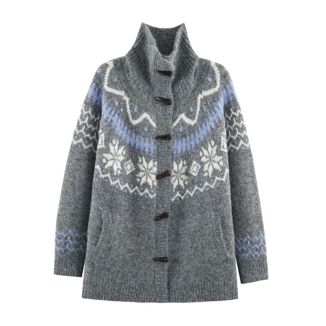 Damen Norweger-Strickjacke mit Stehkragen und Holzknopfverschlüssen Nord Taschen
