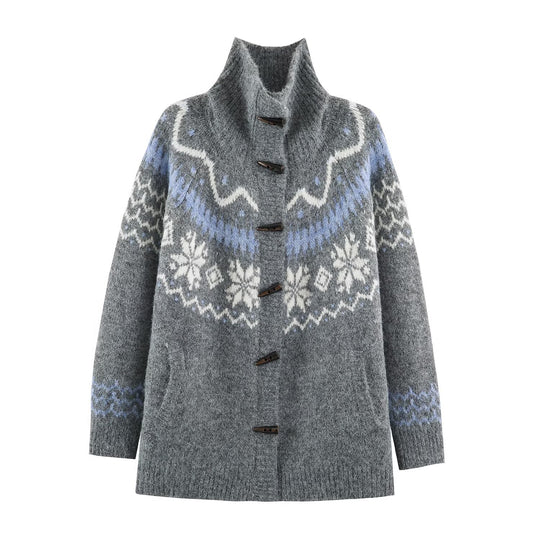 Damen Norweger-Strickjacke mit Stehkragen und Holzknopfverschlüssen Nord Taschen