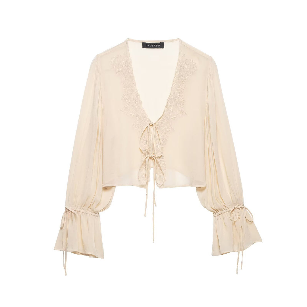 Damen Transparente Chiffon-Bolerobluse mit tiefem V-Ausschnitt, Spitzendetail und Bindebändern Nord Taschen