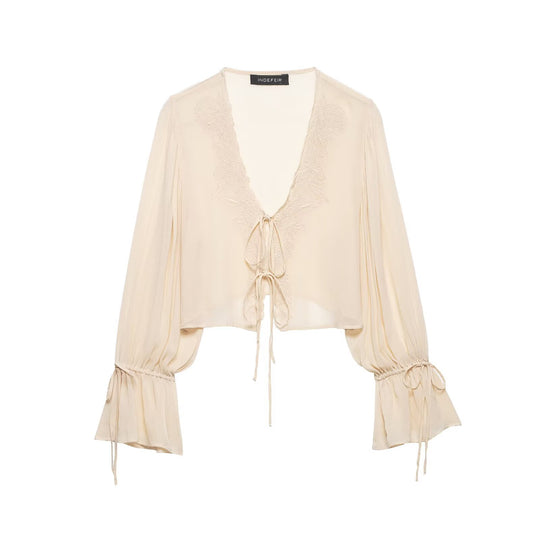 Damen Transparente Chiffon-Bolerobluse mit tiefem V-Ausschnitt, Spitzendetail und Bindebändern Nord Taschen