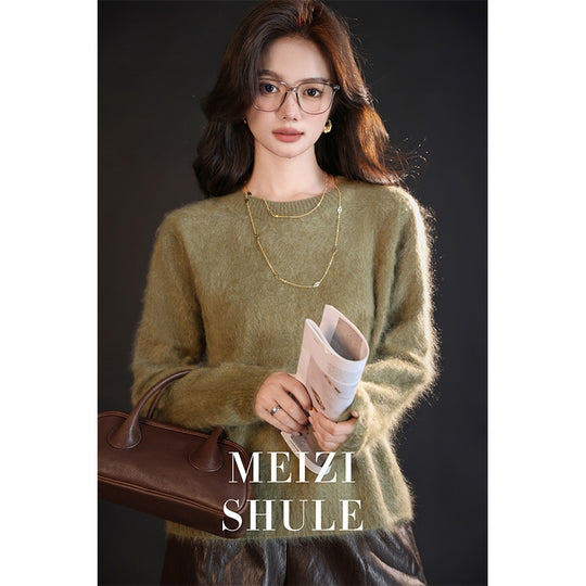Damen Flauschiger Mohair-Optik Strickpullover mit Rundhalsausschnitt Nord Taschen