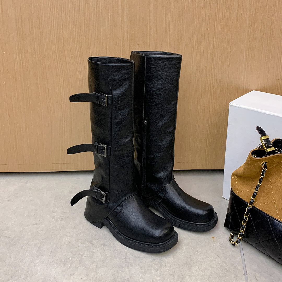Damen Wadenhohe Stiefel mit dreifacher Gürtelschnalle und profilierter Plateausohle Nord Taschen