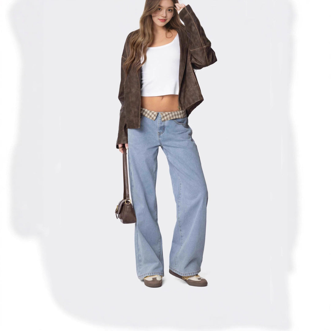 Damen weite Schlagjeans mit umgeschlagenem Karobund und klassischem Five-Pocket-Schnitt Nord Taschen