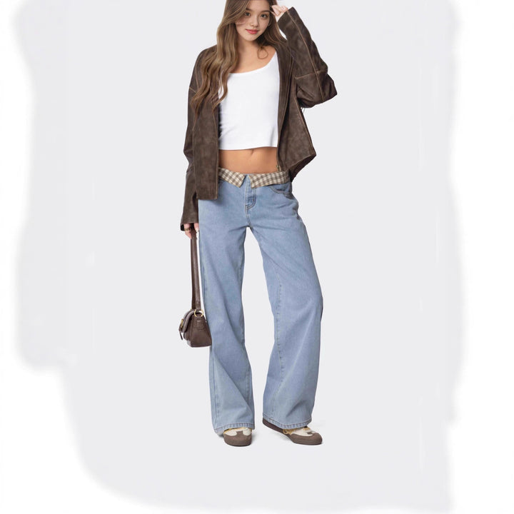 Damen weite Schlagjeans mit umgeschlagenem Karobund und klassischem Five-Pocket-Schnitt Nord Taschen