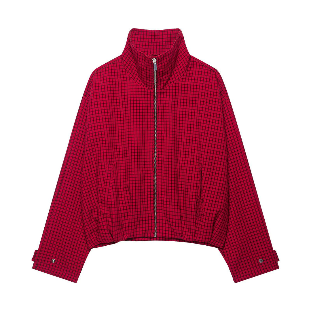 Damen Cropped Übergangsjacke mit hohem Funnelkragen, Karomuster und elastischem Saum Nord Taschen