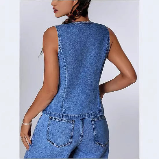 Damen Enganliegende Jeansweste mit V-Ausschnitt und Bindeschnürung Nord Taschen