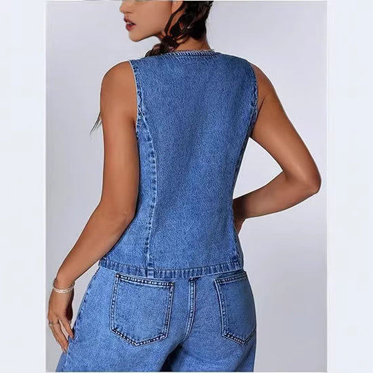 Damen Enganliegende Jeansweste mit V-Ausschnitt und Bindeschnürung Nord Taschen