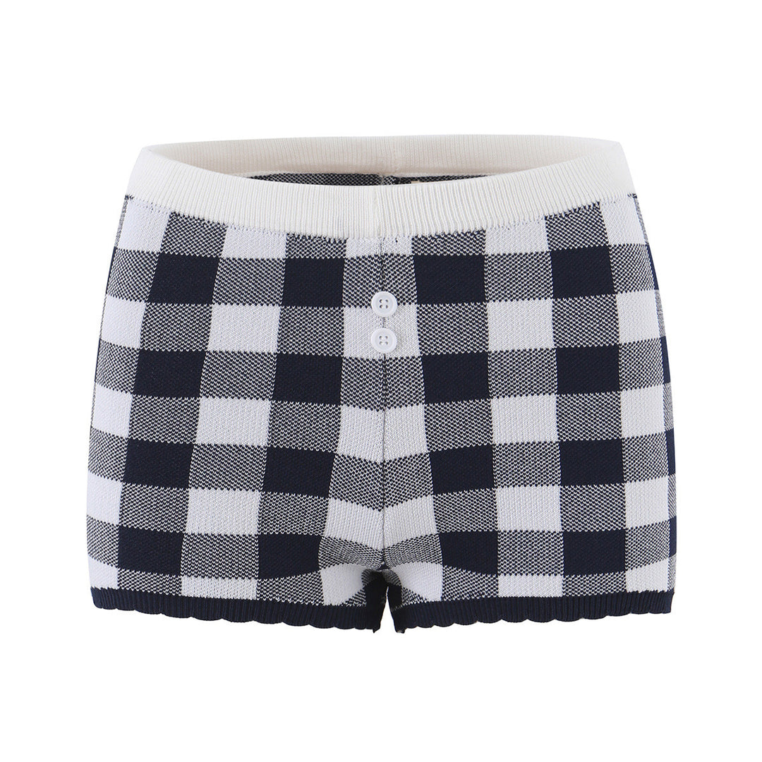 Damen Kurze karierte Feinstrick-Cardigan mit Wellenkante und Perlmuttknöpfen Nord Taschen