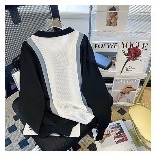 Damen Feinstrick-Cardigan mit Polokragen, kontrastierenden Rippeinsätzen und durchgehender Knopfleiste Nord Taschen