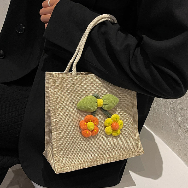 Damen Jute-Tragetasche mit verspieltem Blumenapplikationsdesign Nord Taschen