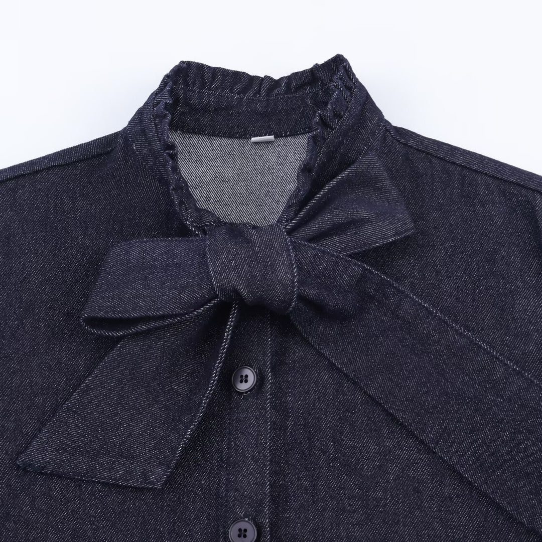 Damen Schimmernde Bluse mit Schleifenkragen und Knopfleiste Nord Taschen