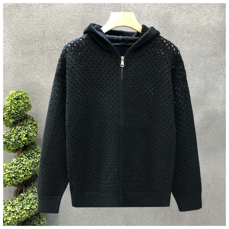 Unisex Leichte Lochstrick-Kapuzenzipjacke mit Ajourmuster Nord Taschen