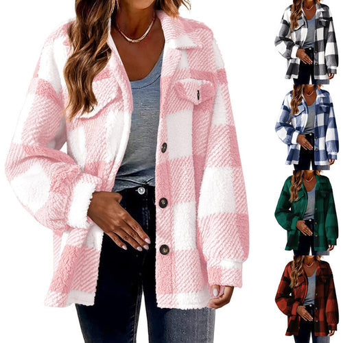 Damen Karierte Teddy‑Hemdjacke im Oversize‑Shacket‑Stil Nord Taschen