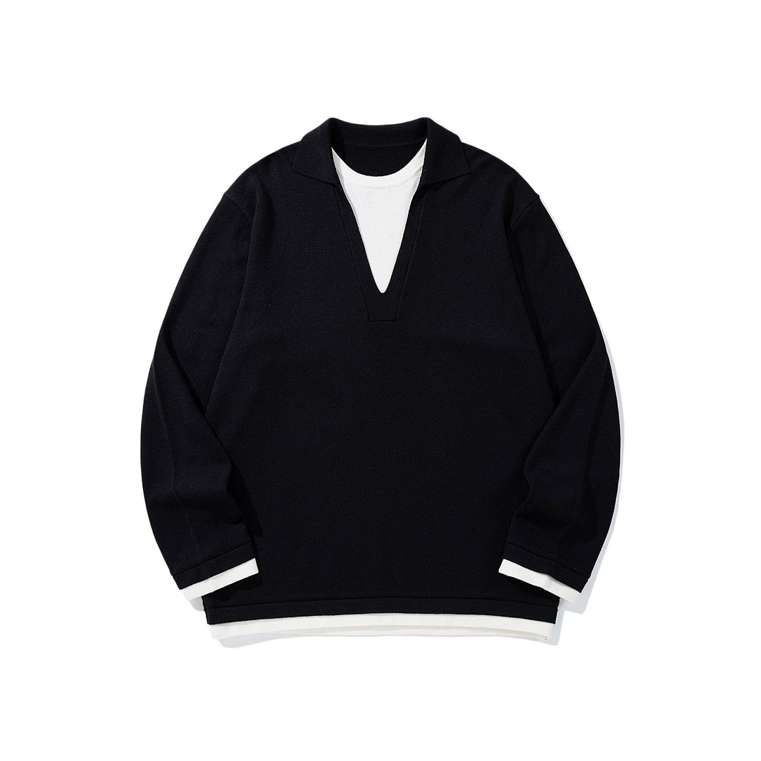 Unisex Lässiger Oversize Strickpullover mit tiefem V Einsatz und Hemd‑Layer Optik Nord Taschen