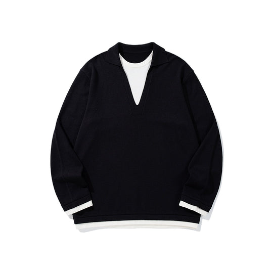 Unisex Lässiger Oversize Strickpullover mit tiefem V Einsatz und Hemd‑Layer Optik Nord Taschen