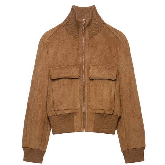 Damen Kurzer Veloursleder‑Bomber mit Stehkragen, aufgesetzten Klappentaschen und Rippenbündchen Nord Taschen