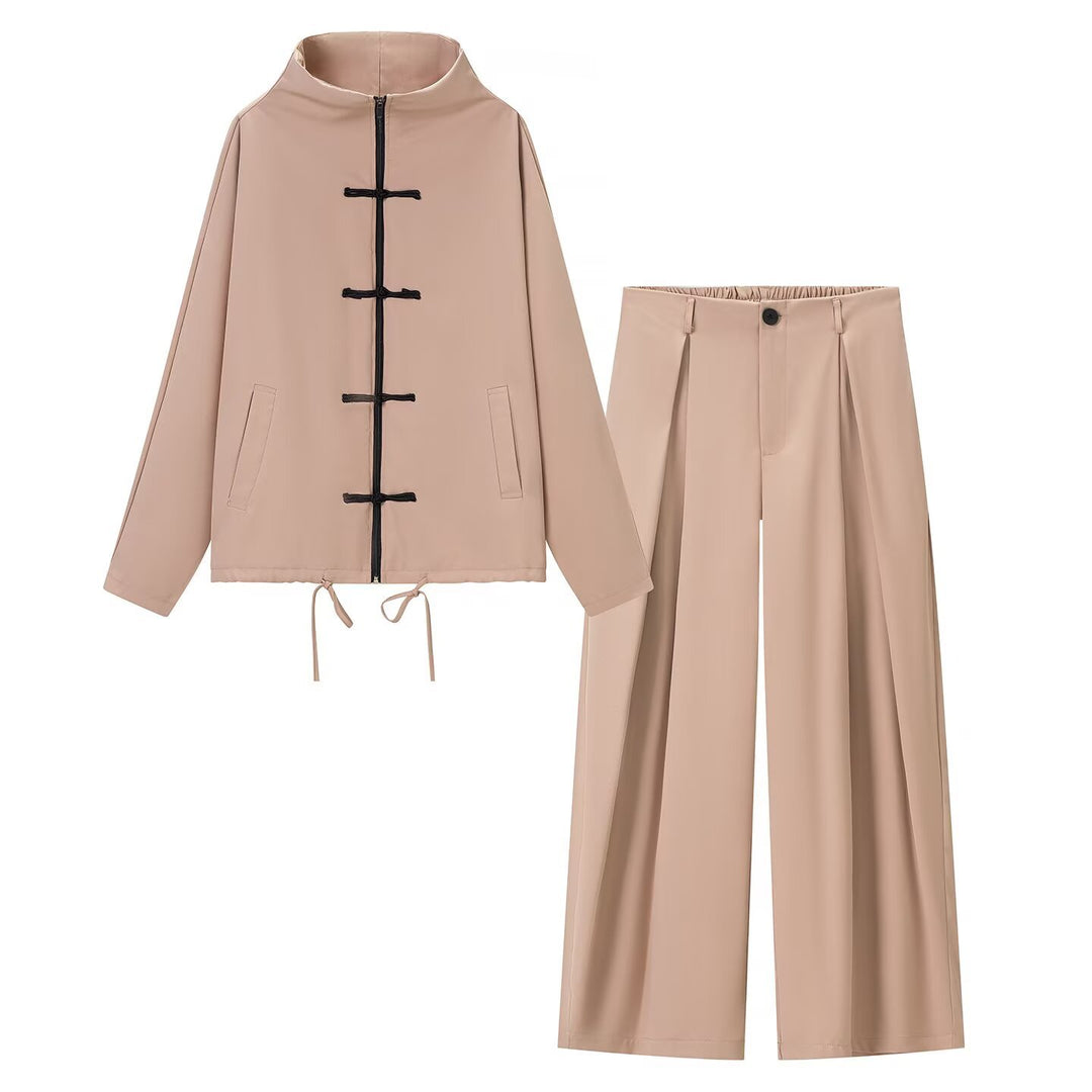Damen leichte Boxy-Jacke mit Stehkragen, Zipper-Front, Kordelzug und dekorativen Knotenverschlüssen Nord Taschen
