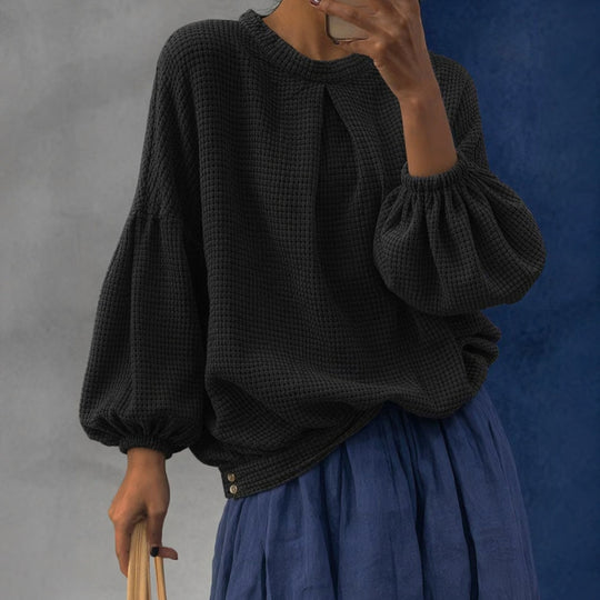 Damen Waffelstrick-Oversize-Bluse mit voluminösen Ballonärmeln Nord Taschen