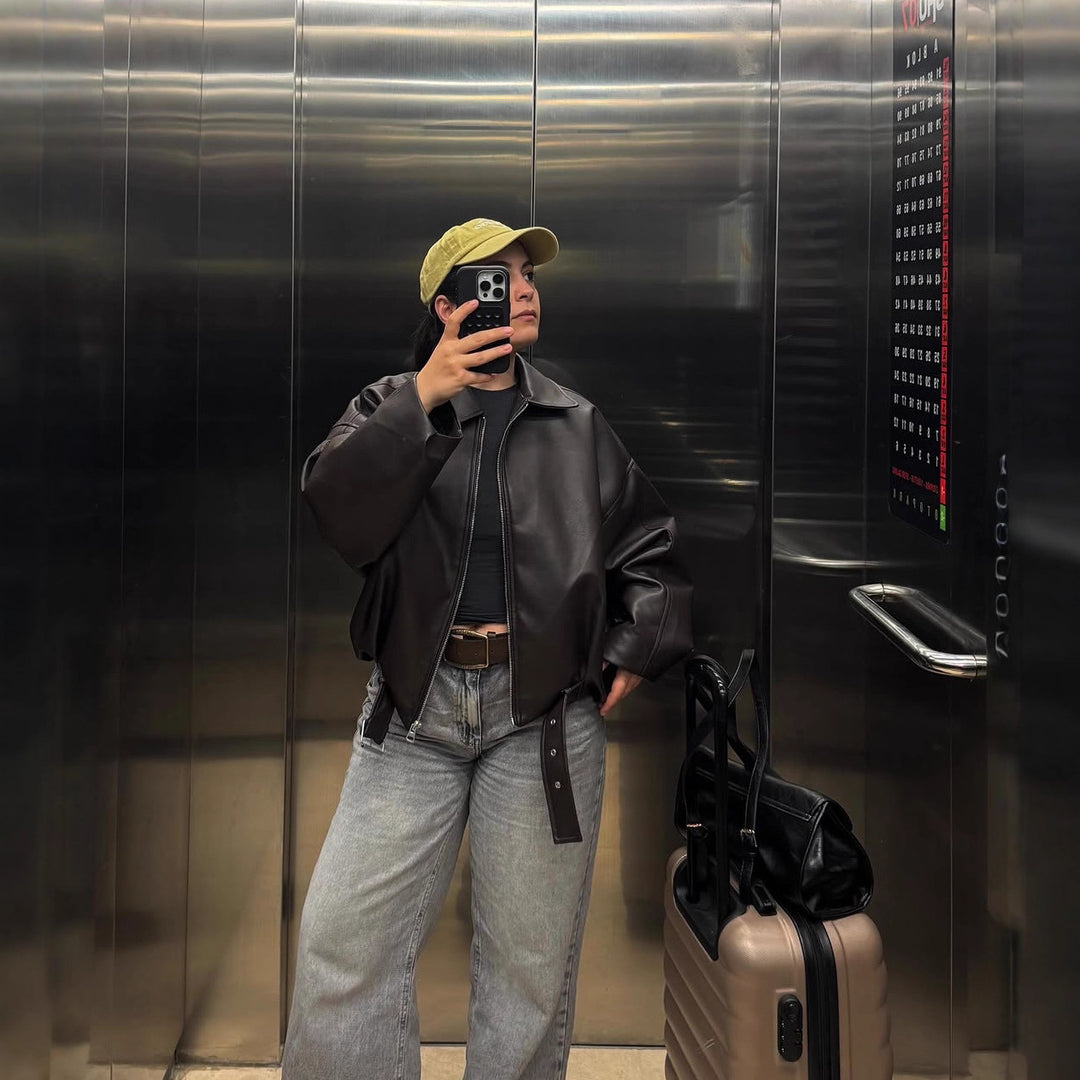 Damen Oversized Kunstleder-Bomberjacke mit Gürtel und Hemdkragen Nord Taschen