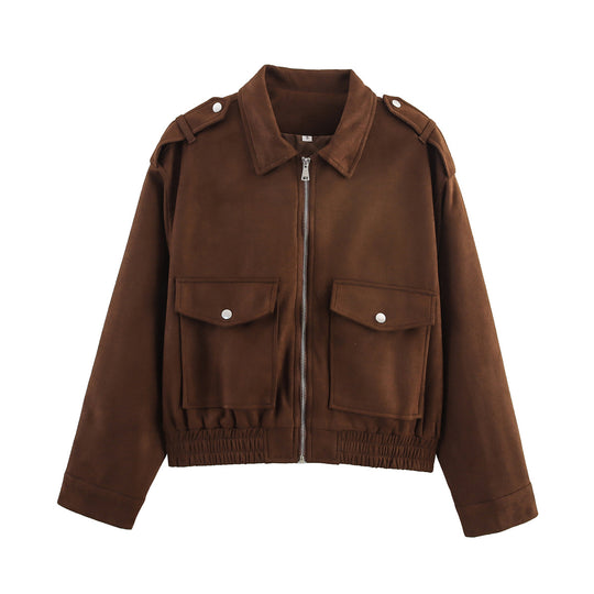 Damen 90+ kurze Wildlederoptik-Blousonjacke mit Pattentaschen, Reißverschluss und Schulterklappen Nord Taschen