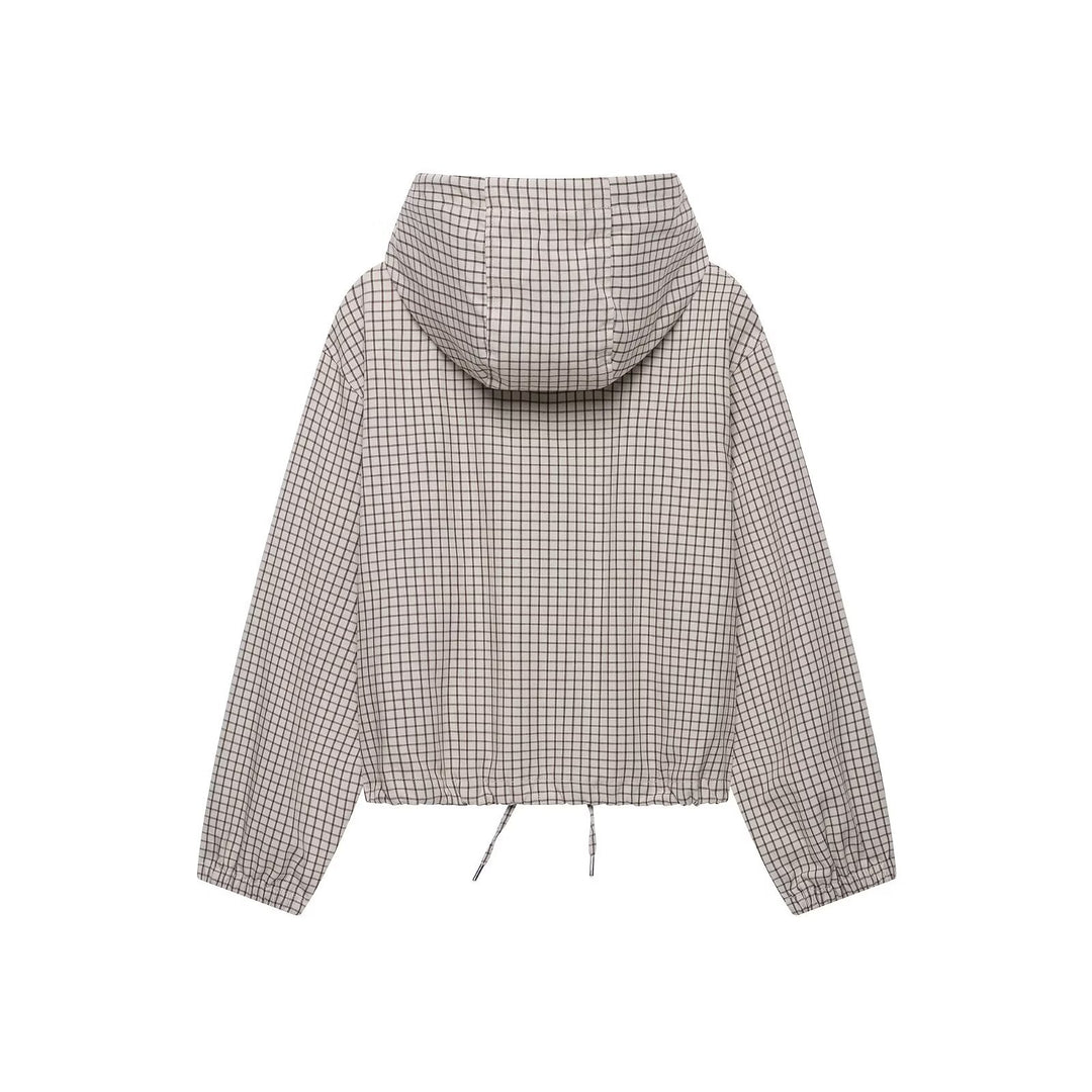 Damen Kariertes Cropped-Blouson mit Kapuze, Tunnelzug und Reißverschluss Nord Taschen