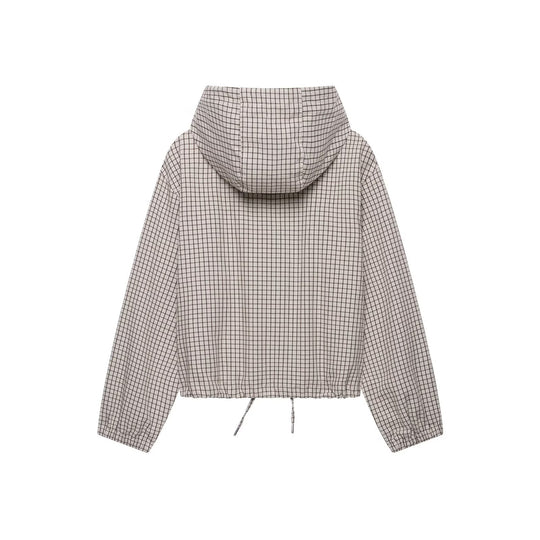 Damen Kariertes Cropped-Blouson mit Kapuze, Tunnelzug und Reißverschluss Nord Taschen