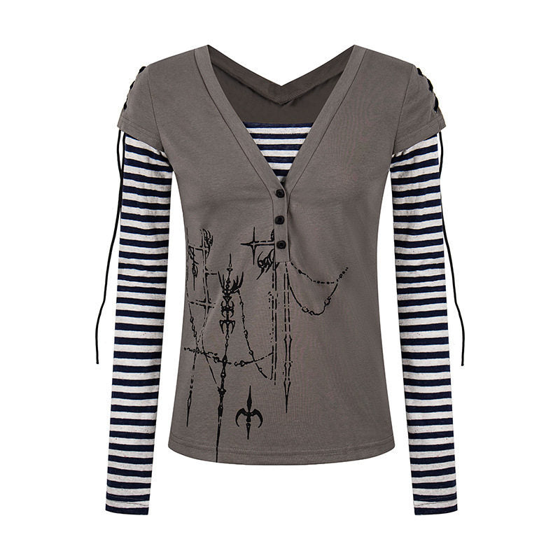 Damen Lagen-Langarmshirt mit V-Ausschnitt, Streifen-Innenlayer und Schnürdetail Nord Taschen