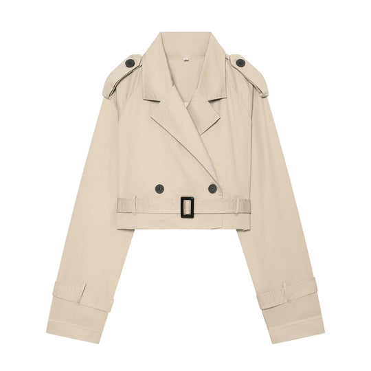 Damen Kurzblouson-Trench mit doppelreihiger Knopfleiste, Schulterpatten und Taillengürtel Nord Taschen