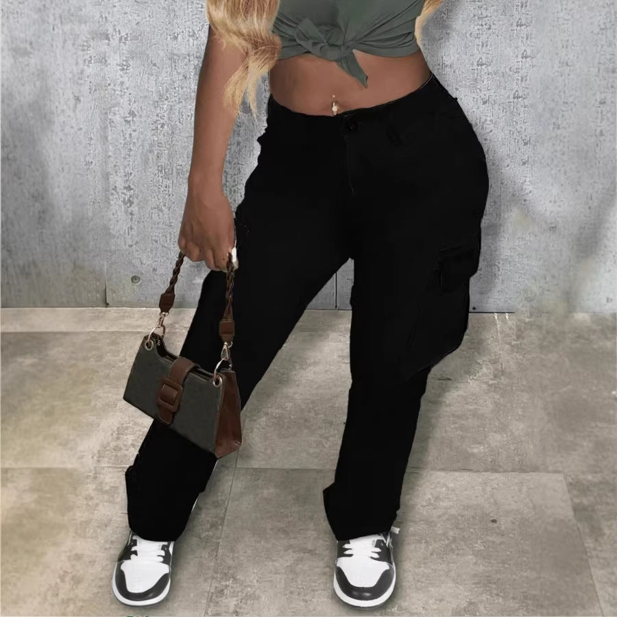 Damen Utility-Cargo-Hose mit hoher Taille, geradem Bein und seitlichen Pattentaschen Nord Taschen