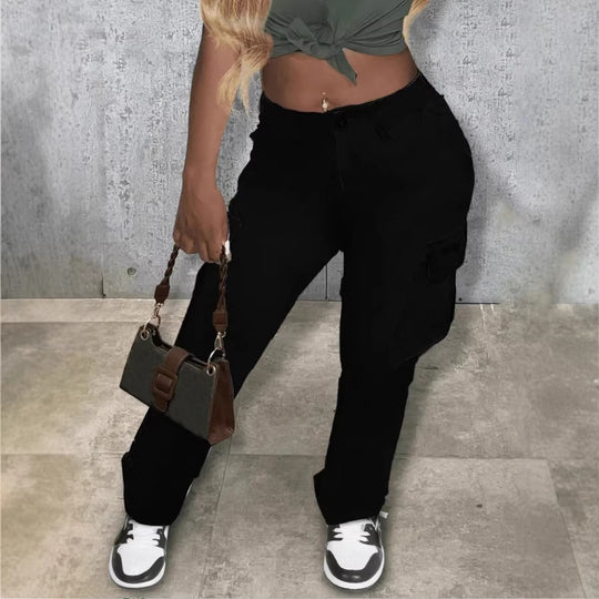 Damen Utility-Cargo-Hose mit hoher Taille, geradem Bein und seitlichen Pattentaschen Nord Taschen