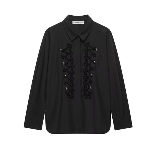 Damen Hemdbluse mit ornamentaler Froschverzierung und verdeckter Knopfleiste Nord Taschen