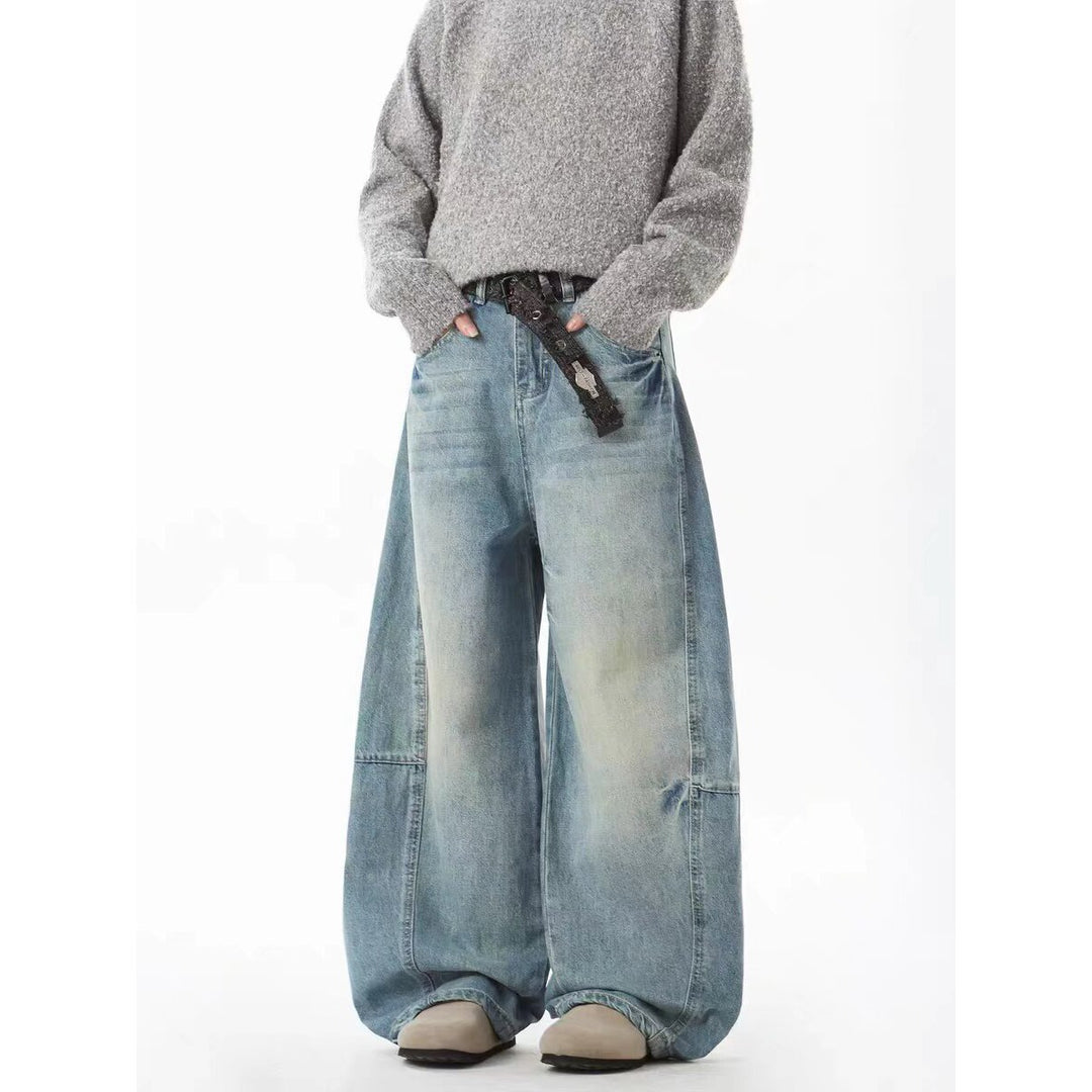 Damen Extraweite Vintage-Baggy-Jeans mit extra tiefem Schritt, entspannter Silhouette und used Waschung Nord Taschen