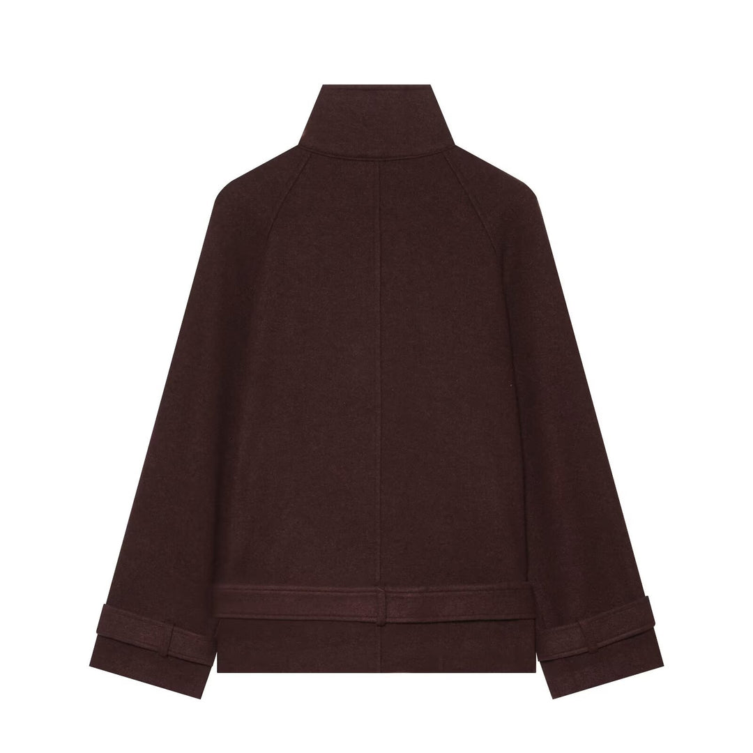 Damen Kurz geschnittener doppeltreihiger Wollcape‑Mantel mit Stehkragen und Gürtel Nord Taschen
