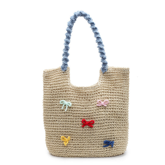 Damen Strandtasche aus handgewebtem Naturmaterial mit gestreiften Griffen Nord Taschen