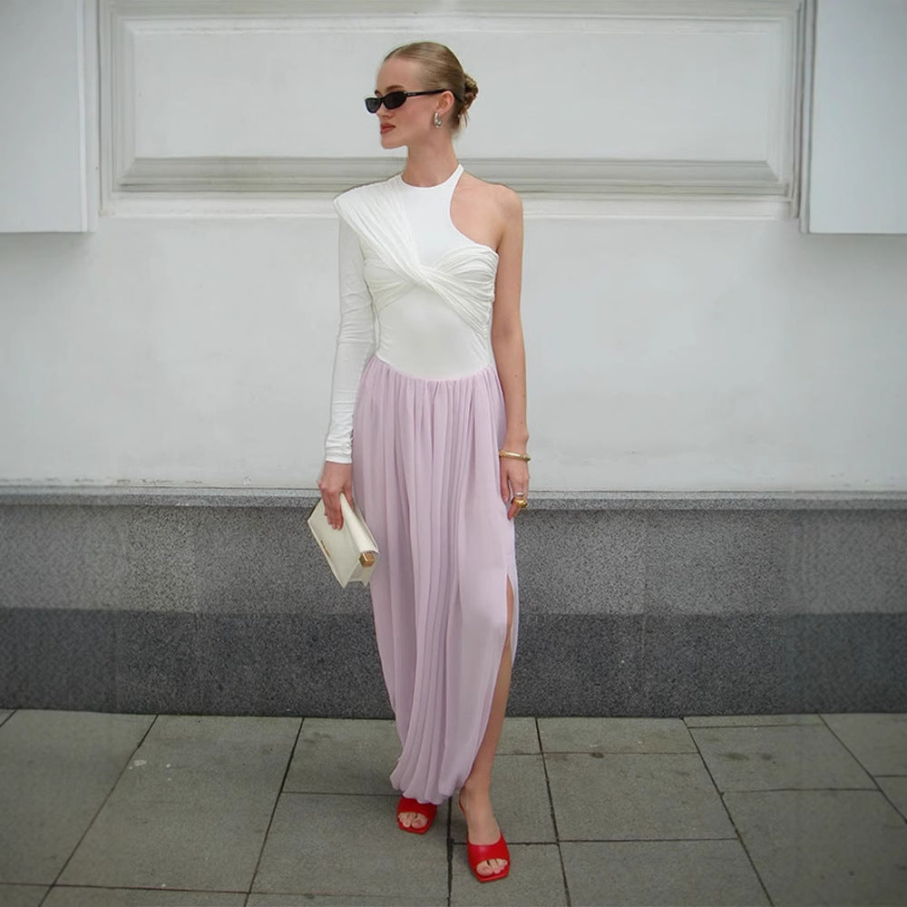 Damen Asymmetrisches One-Shoulder Maxikleid mit drapiertem Oberteil, langem Plissee‑Rock und Beinschlitz Nord Taschen