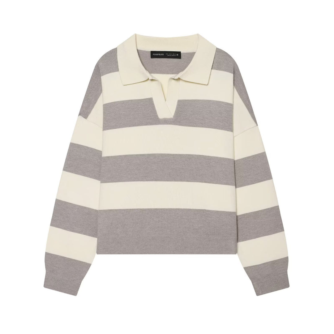 Damen Oversize Rugby-Pullover mit Polokragen und breiten Blockstreifen Nord Taschen