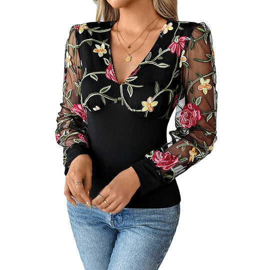 Damen Elegante Bluse mit floralen Spitzenärmeln Nord Taschen