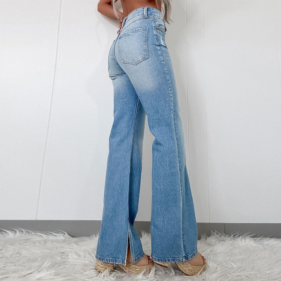 Damen hochtaillierte Schlaghose aus Denim mit Frontschlitz und weitem Bein Nord Taschen