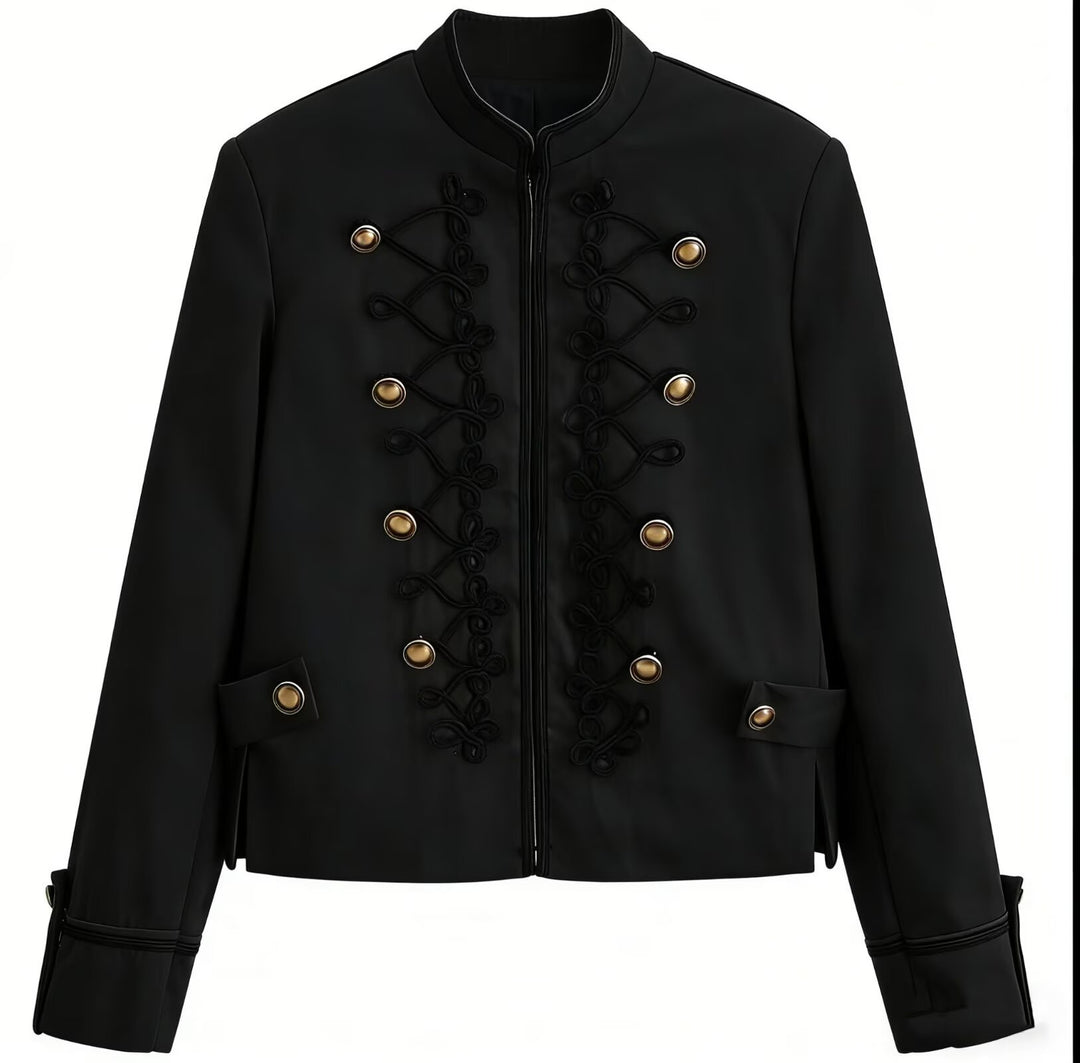 Damen Militärinspirierte Kurzjacke mit Stehkragen, Zierkordeln und Goldknöpfen Nord Taschen