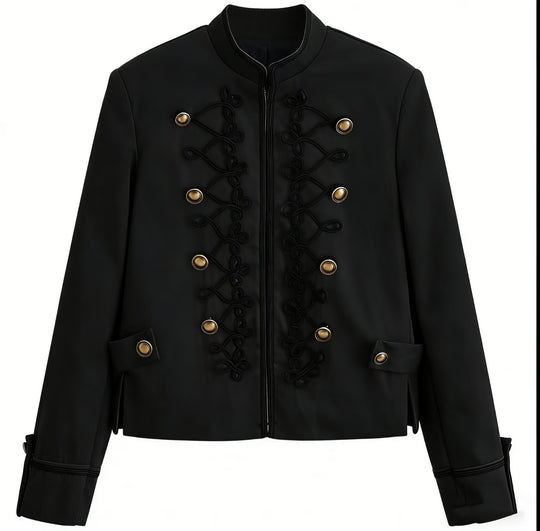 Damen Militärinspirierte Kurzjacke mit Stehkragen, Zierkordeln und Goldknöpfen Nord Taschen